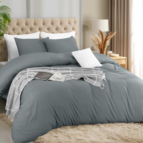 Utopia Bedding Bettbezug-Set mit Kissenbezügen, 3-teilig, Bettbezug mit Reißverschluss, 1 Bettbezug mit 2 Kissenbezügen, weich gebürstete Mikrofaser (Queen, Grau)