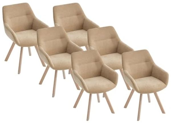 Vente-unique - Drehstuhl 6er-Set mit Armlehnen - Stoff & Eiche - Beige - VELBURY