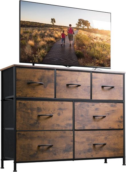 WLIVE Kommode mit 7 Schubladen aus Stoff, Kommodenschrank für Schlafzimmer, Kommode Wohnzimmer, mit Stabiler Stahlrahmen, Vintagebraun-Schwarz