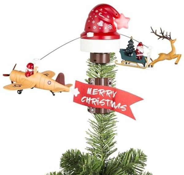 Christbaumspitze mit fliegendem Weihnachtsschlitten Flugzeug Bewegung Musik LED