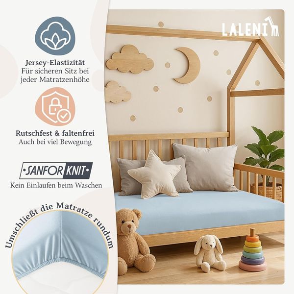 Laleni 2er-Set Jersey Spannbettlaken Laufgitter 6-eckig 100x115 cm - Oeko-Tex Zertifiziert, 100% Baumwolle, atmungsaktives Spannbetttuch für Baby, 135 g/m², Hellblau Bild 4