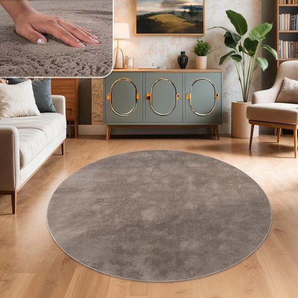 Paco Home Hochflor Teppich Wohnzimmer Flauschig Fellteppich Kunstfell Plüsch Shaggy Weich Fellimitat, Grösse:120 cm Rund, Farbe:Taupe