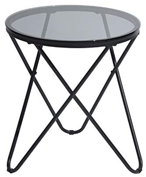 39F FURNITURE DREAM Couchtisch, rund, aus Metall und Hartglas, skandinavischer Nachttisch, für Wohnzimmer, Grau, Glas, 45 x 45 x 50 cm