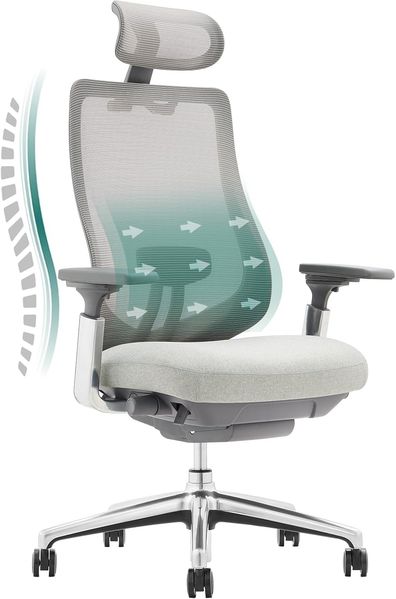 COLAMY Ergonomischer Netz-Bürostuhl, Hochleistungs-Computer-Chefschreibtischstuhl mit verstellbarem Kopfstütze und 4D-Armlehnen, Schiebesitz, Neigungssperre, Hellgrau