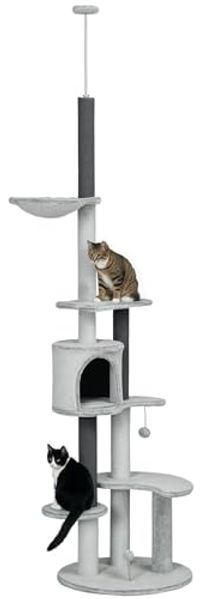 PawHut Kratzbaum Deckenhoch, Katzenkratzbaum mit Katzenhöhle, Katzenmöbel, mit Kippschutz, Grau