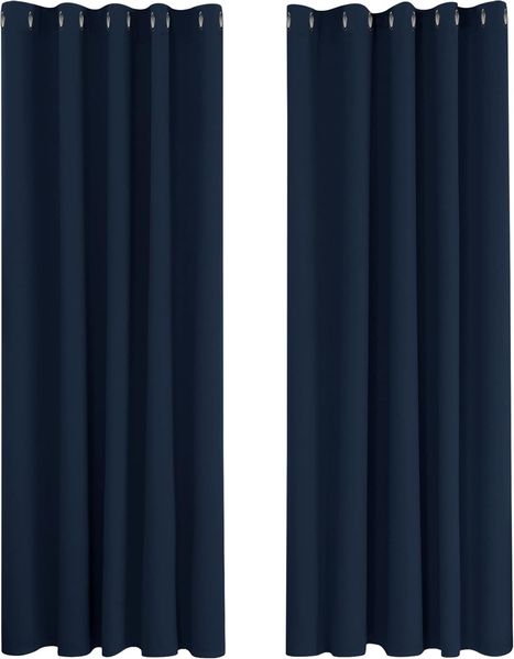 Deconovo Verdunkelungsvorhang Gardine Wohnzimmer Thermogardine Kälteschutz Ösen, 138x168 cm(HöhexBreite), Dunkelblau, 2er Set