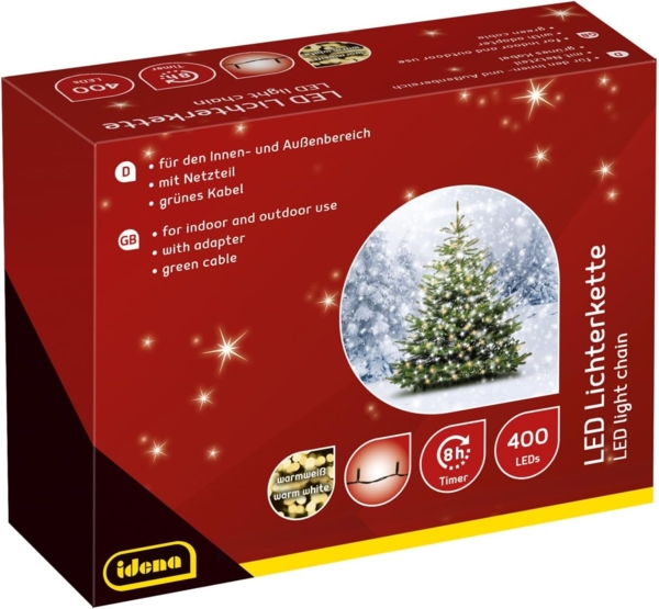Idena 31123 - LED Lichterkette mit 400 LEDs in Gold-Gelb, mit 8 Stunden Timer Funktion und Transformator, ca. 47,9 m lang, Deko für Innen & Außen, als Party Deko, Weihnachtsdeko, zur Hochzeit