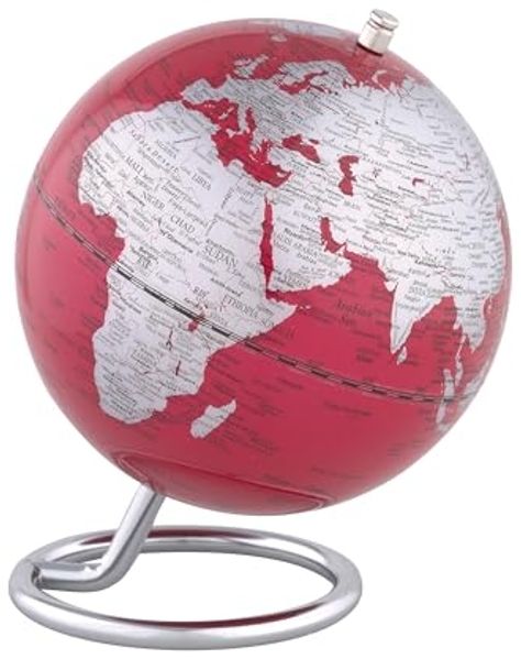 Premium Mini-Globus ‚Galilei‘ – 13 cm Weltkugel mit Metallring rot/silber