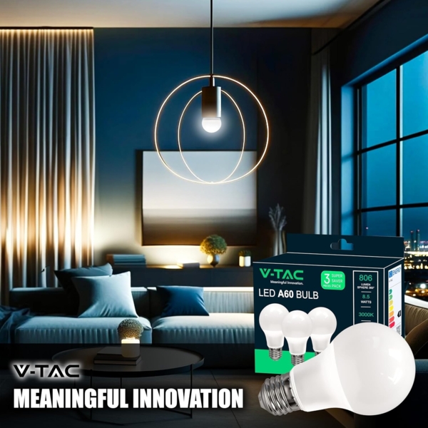 V-TAC 3x LED Glühbirne E27 8,5W (entspricht 60W) A60-806Lumen - LED Lampe 4000K Neutralweiß - LED Glühlampen - Energiesparlampe - 3er Pack Bild 4