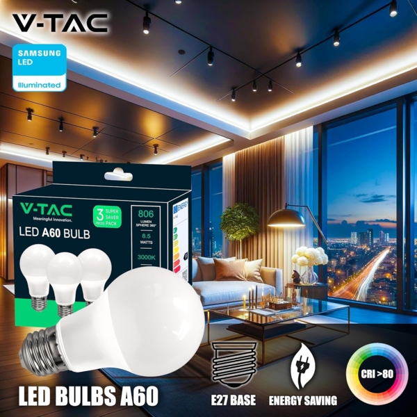 V-TAC 3x LED Glühbirne E27 8,5W (entspricht 60W) A60-806Lumen - LED Lampe 4000K Neutralweiß - LED Glühlampen - Energiesparlampe - 3er Pack Bild 2
