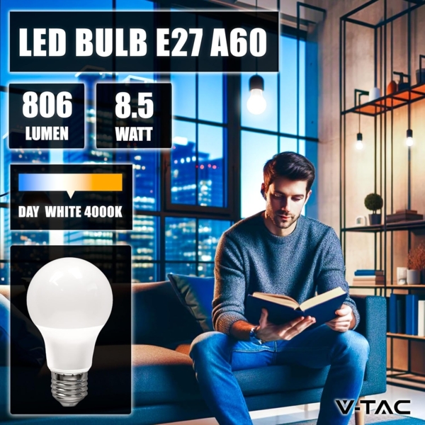 V-TAC 3x LED Glühbirne E27 8,5W (entspricht 60W) A60-806Lumen - LED Lampe 4000K Neutralweiß - LED Glühlampen - Energiesparlampe - 3er Pack Bild 3
