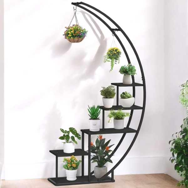 DanDiBo Blumenregal indoor 170 cm Hoch Metall Schwarz Halbrund 96585 Blumentreppe Groß Rund Pflanzenständer Modern Design