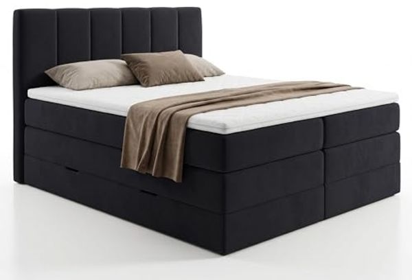 Boxspringbett Star XL mit 2 Bettkästen und Topper, mit Taschenfederkern- und Bonellfederkernmatratze, Doppelbett, Polsterbett aus Veloursstoff mit Stauraum (Schwarz (Kronos 07), 180x200 cm)