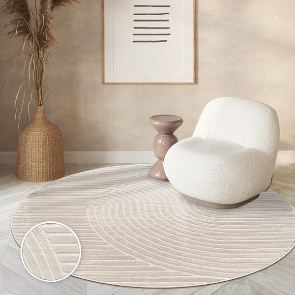 Paco Home Outdoor Teppich Wetterfest Balkon Wohnzimmer Skandinavisches Boho Muster Einfarbig Geometrisch 3D Effekt Moderne Deko, Grösse:120 cm Rund, Farbe:Creme 2