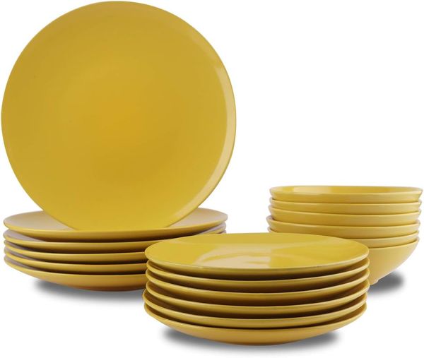 AmazonBasics Geschirrservice aus Steingut, 18-teilig, Sonnenschein-Gelb, Service für 6 Personen