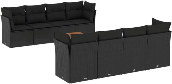 vidaXL 9-tlg. Garten-Sofagarnitur mit Kissen Schwarz Poly Rattan 3223521