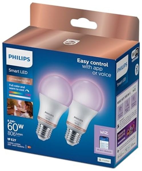 Philips Smarte LED-RGB-Lampe A60 E27-Sockel 806 lm Zweierpack Wi-Fi/Bluetooth Weiß Wi-Fi 4 (802.11n) 802.11b 802.11g LED Kunststoff E27