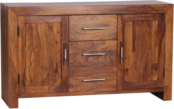 Wohnling MUMBAI Sideboard Massivholz Sheesham, 3 Schubladen 2 Türen, Landhaus-Stil