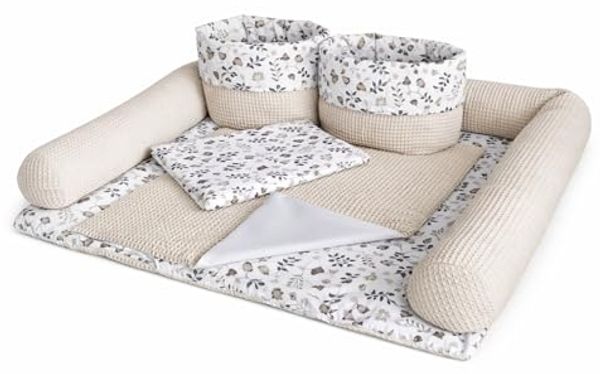Wickelauflage Set 6-teilig – Wickelunterlage aus Baumwolle & Waffelstoff – Baby Wickelauflage – Geschenk zur Babyparty – Wickeltischauflage – 75x75 cm (Breite x Tiefe), Zweige und hellbeige