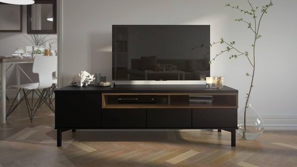 Dmora - Fernsehschrank Margaux, Ständer für Wohnzimmerfernseher, Niedriges Wohnzimmer-Sideboard, TV-Ständerbasis, 156x48 h48 cm, Schwarz und Walnuss