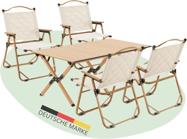 DELUKE® Campingmöbel Set LISL - 1 Tisch 4 Stühle Campingtisch mit Stühlen Campingstuhl Set 4 Personen mit Lehne Klappstuhl Gartenstuhl Set Beige