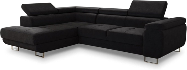 Ecksofa Caris mit Schlaffunktion, Bettkasten und einstellbare Kopfstützen (Schwarz (Kronos 07), Ecksofa Links)