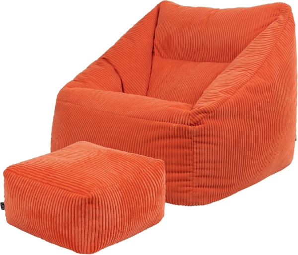 Icon Natalia Sitzsack Sessel mit Hocker für Erwachsene, Orange, Flauschiger Cord Stoff, Riesen Sitzsack Cord mit Füllung, Bean Bag Chair, Bequemer Sessel Wohnzimmer, Lounge, Schlafzimmer, Büro