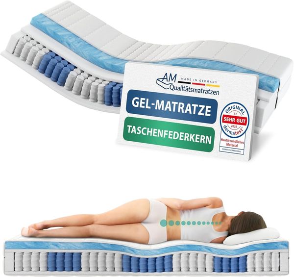 AM Qualitätsmatratzen - Gelschaum-Matratze 80x200 cm H2 - Taschenfederkernmatratze Gelschaum 80x200 - Matratze mit integrierter 6 cm Gel-Auflage - 24 cm Höhe - Made in Germany
