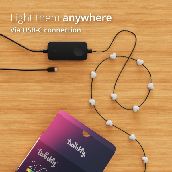 Twinkly Strings USB-C Hearts 200 LED, LED-Lichterkette in Herzform, RGB LED-Lichter Mehrfarbig, Kompatibel mit Alexa und Google Home, Weihnachtsdeko, Stromversorgung USB-C, Grünes Kabel, 12m Bild 6