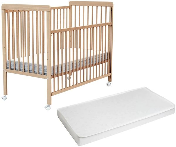 AT4 - Babybett Holz mit Matratze 60x120 ESSENTIEL Buche Lackierte |Kinderbett | Mit 4 rollen | Mit Verstellbarer Lattenrost 3 stufen