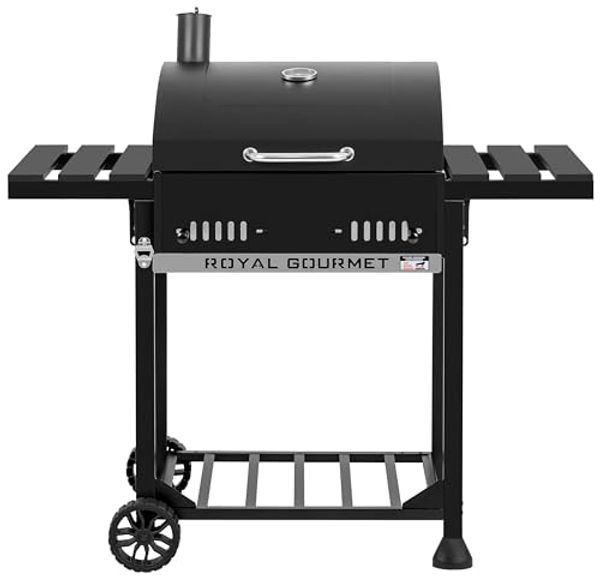 Royal Gourmet Holzkohlegrill Grillwagen mit klappbaren Seitenablagen, Smoker Standgrill mit Decekl, Thermometer, Kohlegrill Schwarz