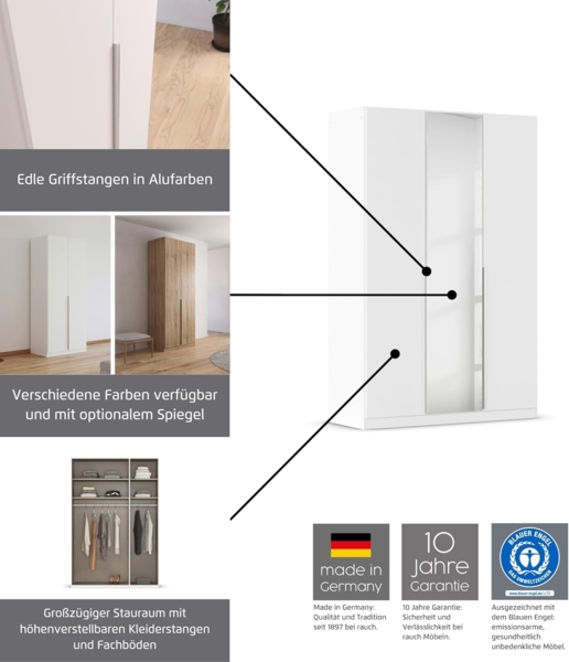Rauch Möbel Alabama Drehtürenschrank Schrank Kleiderschrank Grau mit Spiegel, 3-türig, Inklusive Zubehörpaket Classic, 2 Kleiderstangen, 5 Einlegeböden, BxHxT 136 x 210 x 54 cm Bild 4
