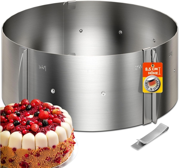 4smile Tortenring verstellbar hoch 8,5 cm - Edelstahl Backring Ø 16-30 cm, stabile Tortenform - Kuchenring rund verstellbar, Backrahmen rund zum Backen und Dekorieren