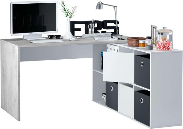 Habitdesign, Schreibtisch – flexibler PC-Tisch in Artik weiß und Zementgrau, rechts, links oder gerade aufstellbar, Maße: 136–203x66–139x74 cm (B x H x T), ideal für Homeoffice, Modell Adapta Plus