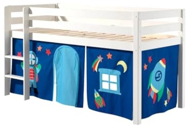 Spielbett Pino mit Textilset Vorhang "Astro", Kiefer massiv weiß lackiert