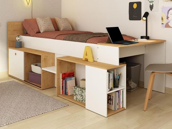 Vente-unique - PALOMA Bett Holz, Platte BeigeWeiß - B 117,6 cm x H 95,5 cm x L 238,9 cm