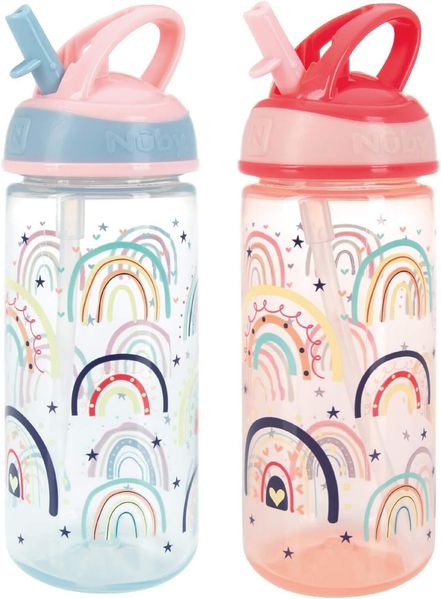 Nuby Super Flip - Kinderbecher | auslaufsicher | Tragegriff | Regenbogen Motive | 540ml | Tragegriff | +18 Monate | 2er Pack
