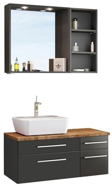 Bad-Set 4-tlg. 'Davos' Grau, mit LED-Spots, Hängeregal und Unterschrank geschlossen, Waschbecken links