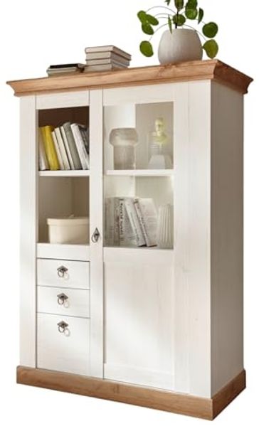 Vitrine Hemsby in weiß Pinie / Eiche Landhaus 102 x 139 cm