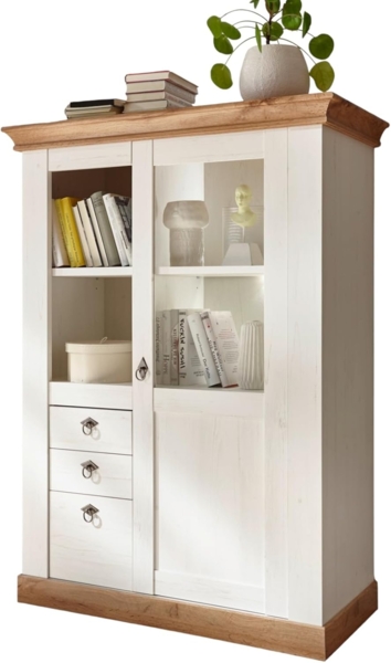 Vitrine Hemsby in weiß Pinie / Eiche Landhaus 102 x 139 cm