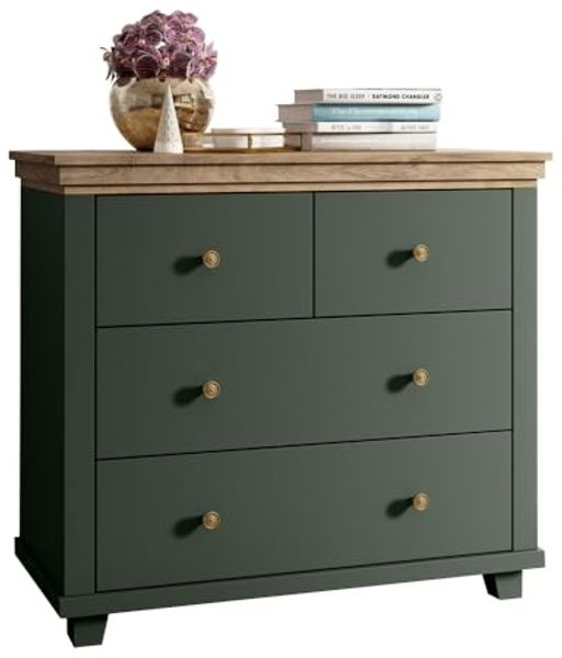 Kommode Landhausstil EPSOM-83 mit 4 Schubladen, in grün mit Lefkas Eiche Nb, B/H/T: ca. 90/80,5/42 cm