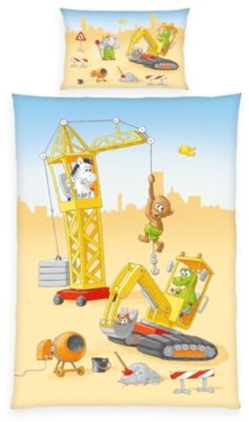 Herding Babybettwäsche 100x135cm Baustelle Bagger Kran Zootiere, Renforcé, 2 teilig, Bauarbeiten mit wilden Tieren, Wendebettwäsche
