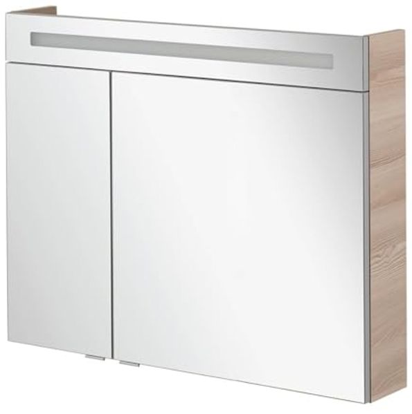 FACKELMANN B.CLEVER Waschtisch Set mit Spiegelschrank 90 cm breit, Braun hell, Waschbecken Gussmarmor Weiß Bild 3