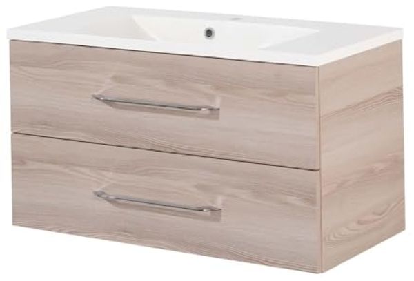FACKELMANN B.CLEVER Waschtisch Set mit Spiegelschrank 90 cm breit, Braun hell, Waschbecken Gussmarmor Weiß Bild 2