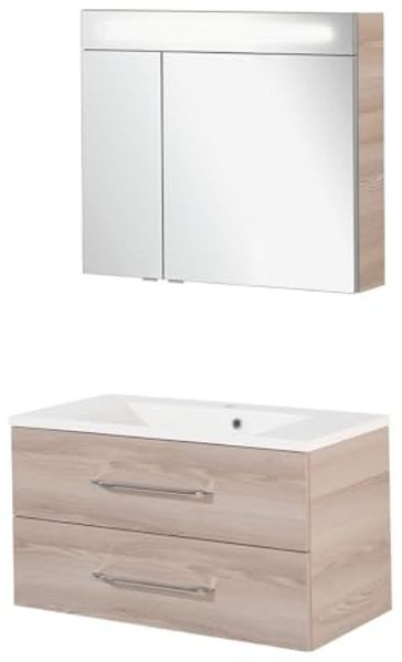 FACKELMANN B.CLEVER Waschtisch Set mit Spiegelschrank 90 cm breit, Braun hell, Waschbecken Gussmarmor Weiß