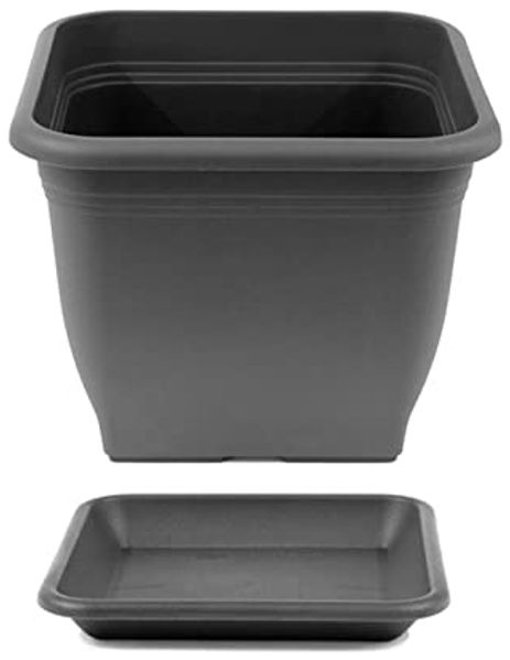 HAC24 Blumentopf Pflanztopf Pflanzkübel Pflanzuntersetzer Blumenkübel Pflanzcontainer (1 St), Kunststoff 19 x 19 cm incl. Untersetzer Eckig Anthrazit