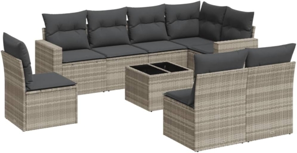 vidaXL 9-tlg. Garten-Sofagarnitur mit Kissen Hellgrau Poly Rattan 3251419