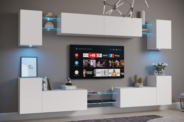 Furnitech Nairobi C1 Möbel Wohnzimmer Schrankwand Wohnwand Wandschrank Mediawand mit Led Beleuchtung (LED weiß, D40-M-W16 MATT)
