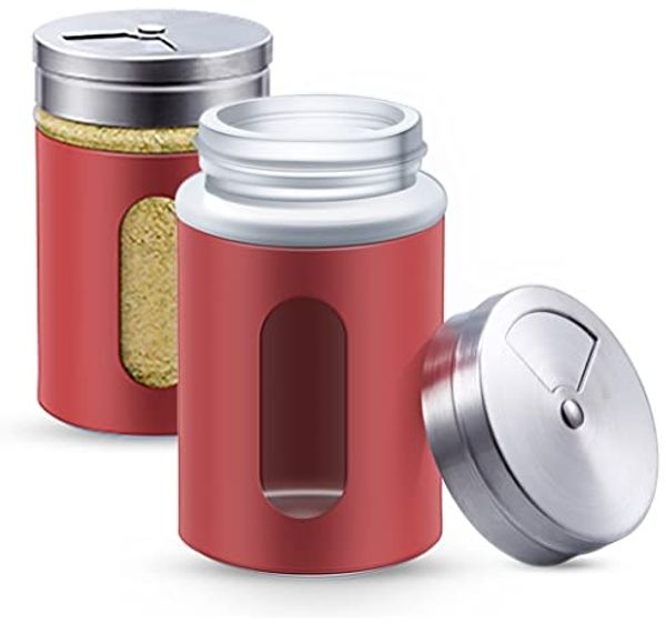Praknu Salzstreuer 12 Gewürzdosen Rot I Gewürzstreuer Edelstahl Set 80ml, (Set, 12-tlg), Mit Sichtfenster und 3fach Streuregulierung - Gewürzgläser für Gewürze