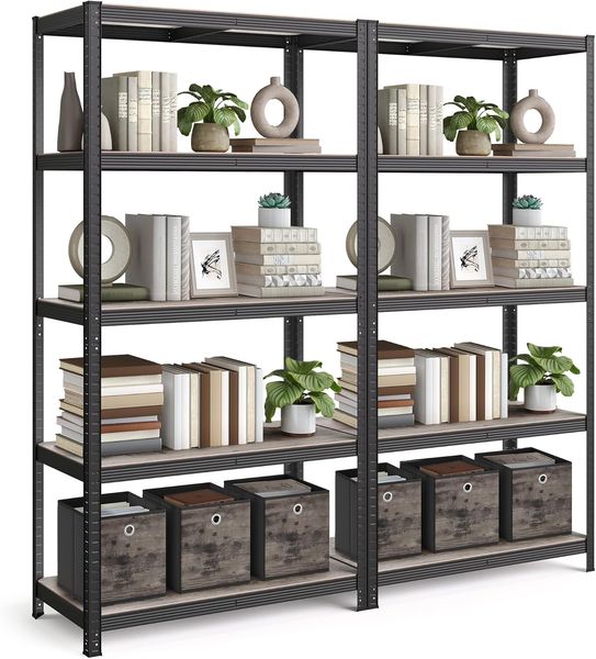 Songmics Standregal, 2er Set, Bücherregal, Lagerregal, 5 Ablagen, verstellbar, 50 x 100 x 200 cm, jeweils bis 600 kg belastbar, für Küche, Wohnzimmer, Greige-schwarz GLR050B22